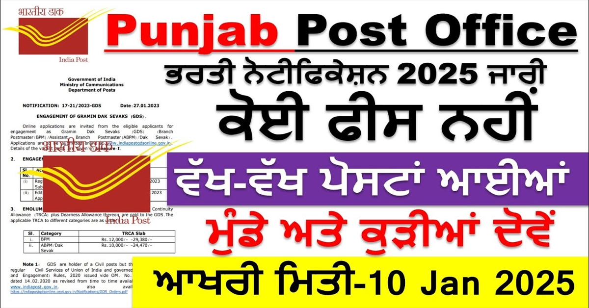 Punjab Post Office ਭਰਤੀ ਨੋਟੀਫਿਕੇਸ਼ਨ 2025