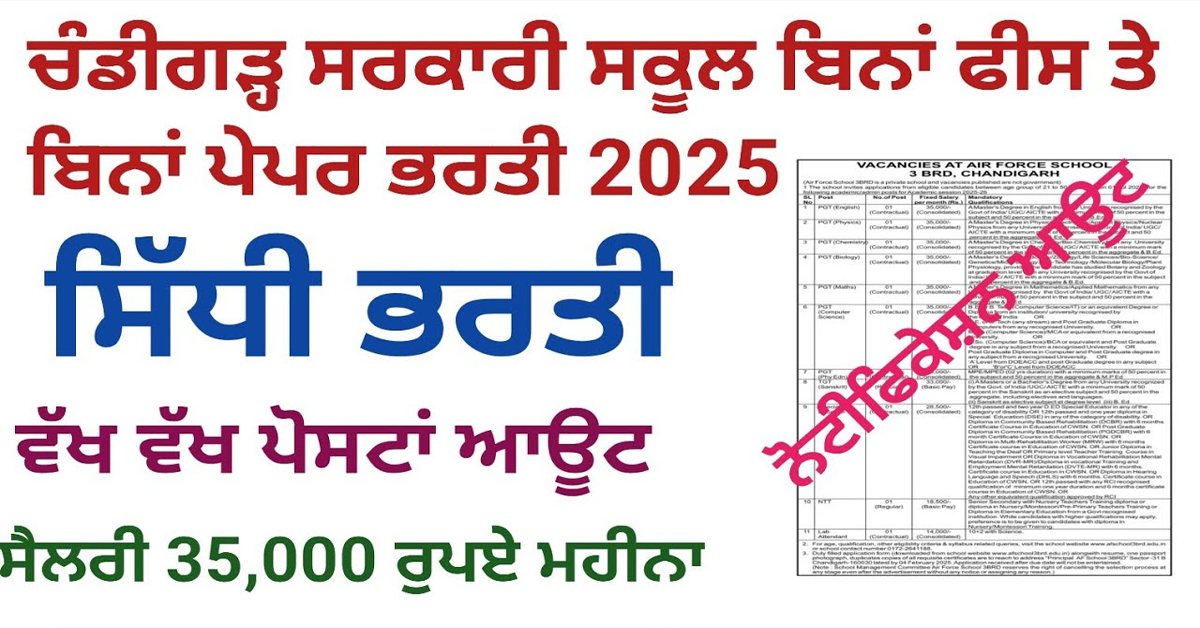 ਚੰਡੀਗੜ੍ਹ ਸਰਕਾਰੀ ਸਕੂਲ ਬਿਨਾਂ ਫੀਸ ਤੇ ਬਿਨਾਂ ਪੇਪਰ ਭਰਤੀ