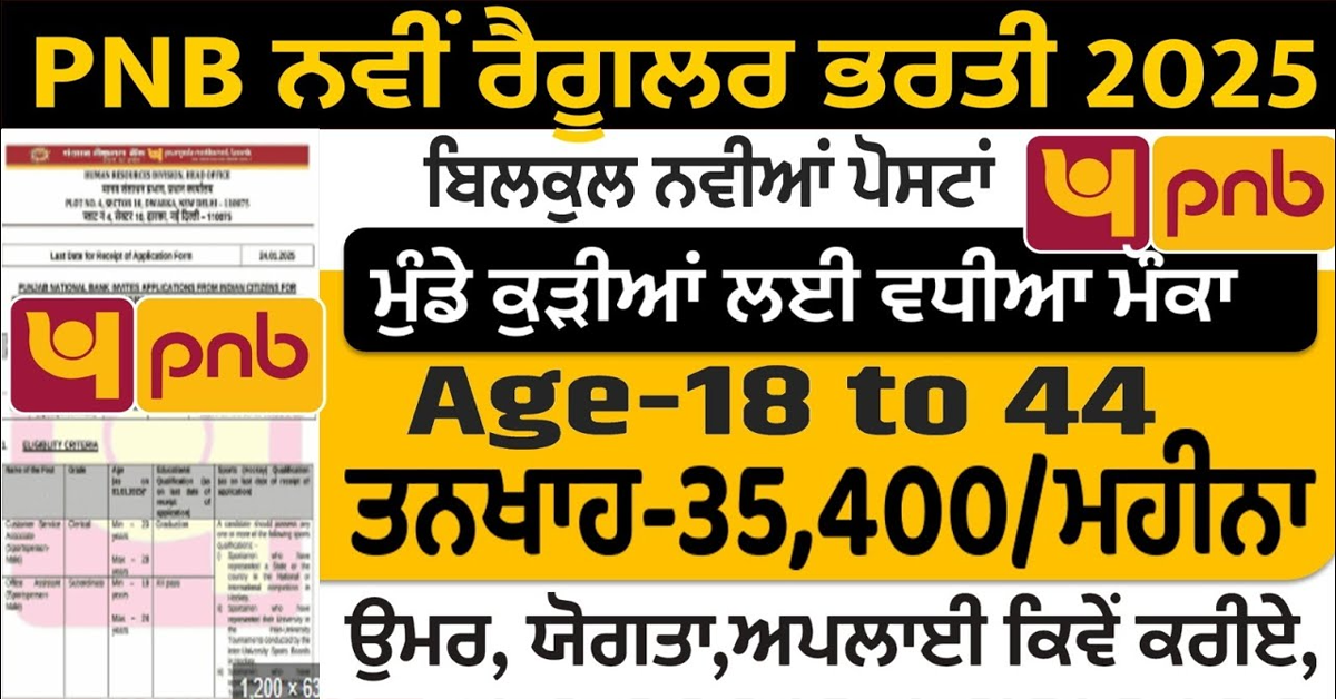 PNB ਨਵੀਂ ਰੈਗੁਲਰ ਭਰਤੀ 2025 ਮੁੰਡੇ ਕੁੜੀਆਂ ਲਈ ਵਧੀਆ ਮੌਕਾ